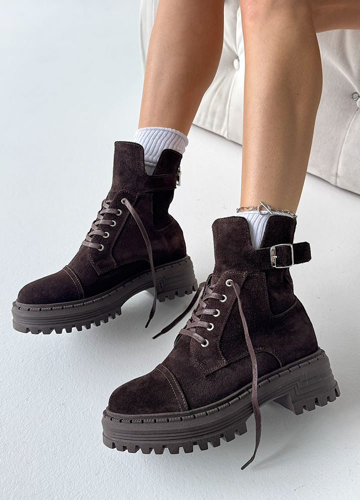 Черевики берці жіночі замша brown з пряжкою 8545-28