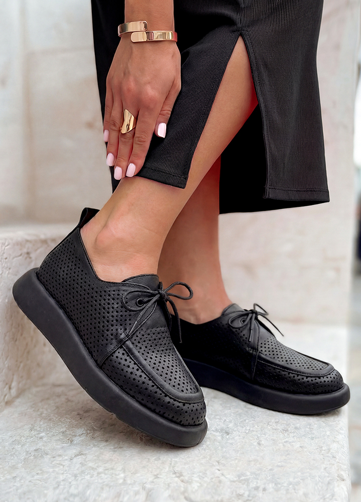 Туфли женские летние кожаные черные с перфорацией 8625-28
