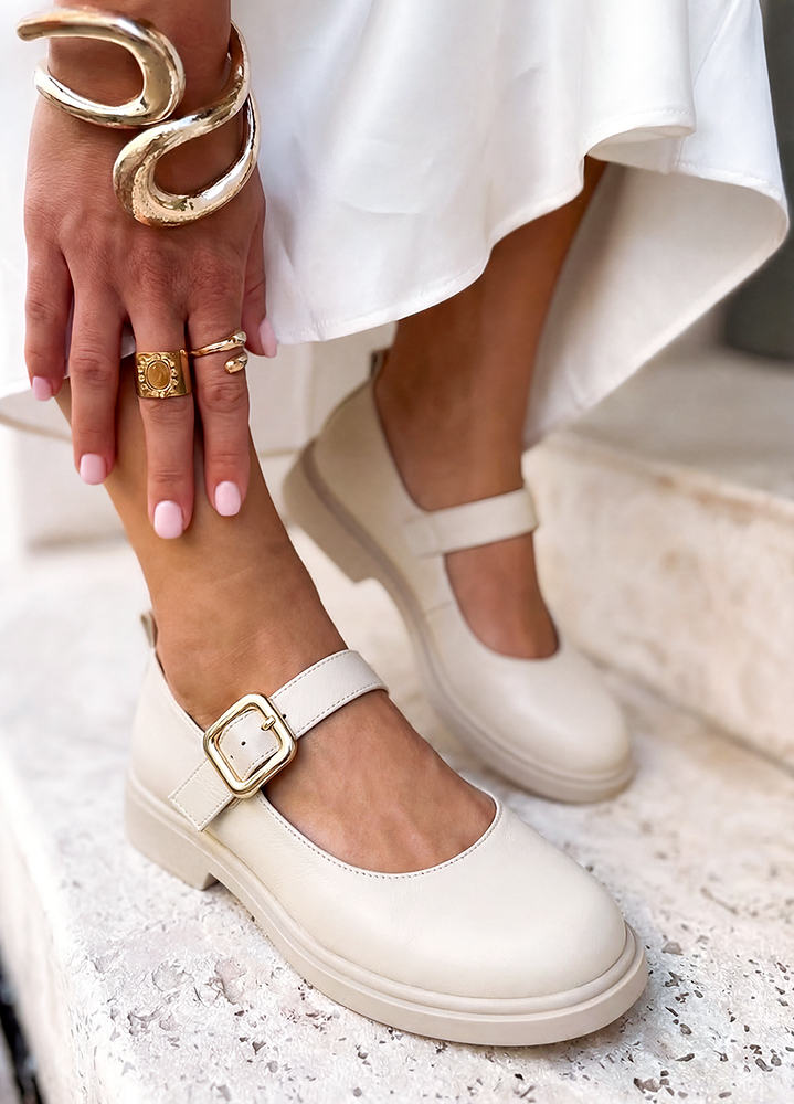 Туфли женские кожаные бежевые Mary Jane 8633-28