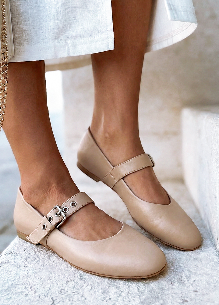 Туфли Mary Jane с ремешком кожаные бежевые 8638-28