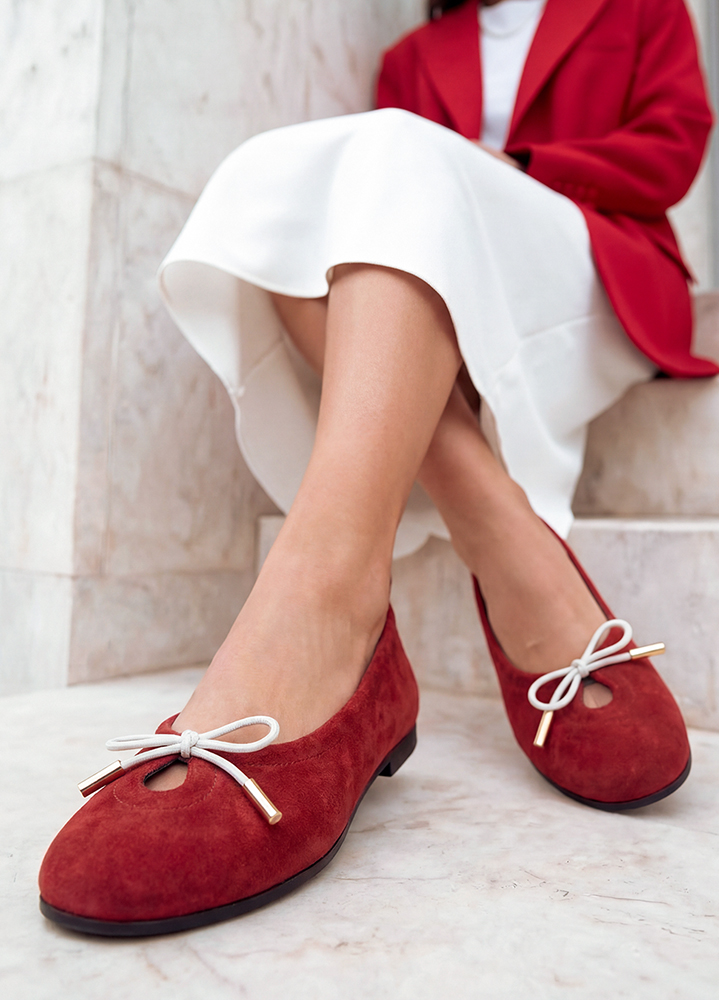 Туфлі балетки замшеві червоні з бантиком 8652-28